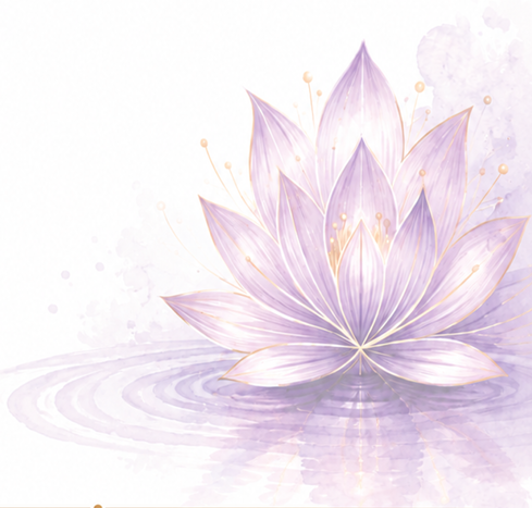 A lavender and gold lotus rising from water